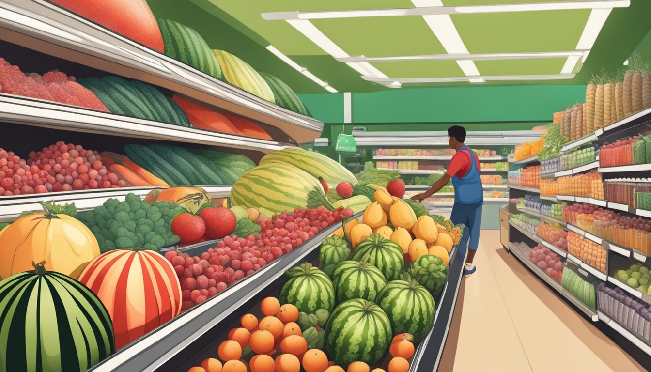 A hand reaching for a ripe watermelon on display in a grocery store, surrounded by other fruits and vegetables