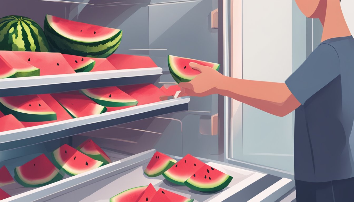 A hand reaching for a ripe watermelon, a knife slicing it open, and the juicy red fruit being placed in a clear container in the fridge