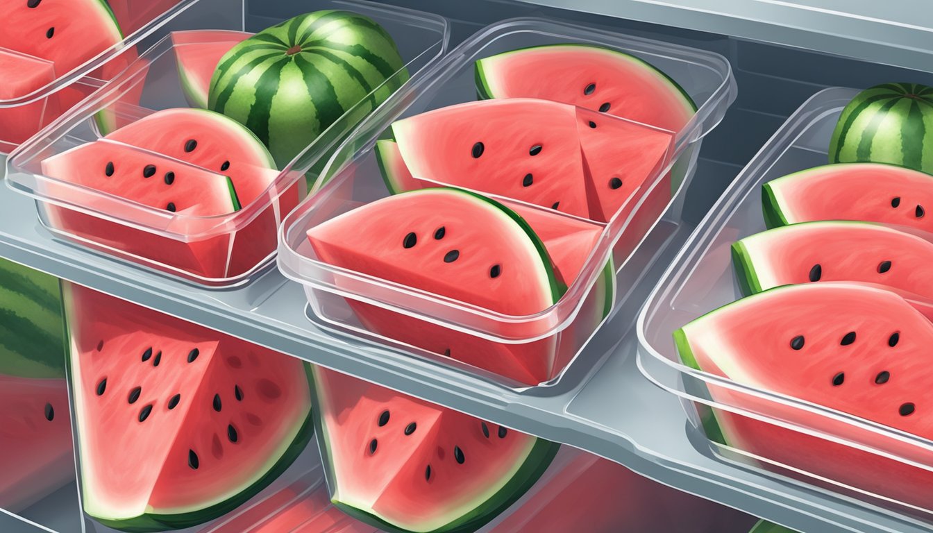 A clear plastic container holds freshly cut watermelon slices in a neatly arranged stack, with a lid securely sealed, inside a refrigerator