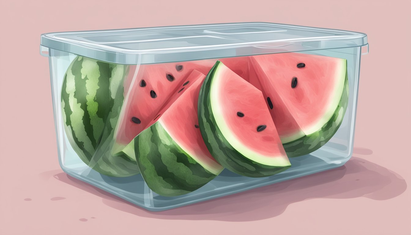 A sliced watermelon sits in a clear plastic container in the fridge. Mold spots and a foul odor indicate spoilage