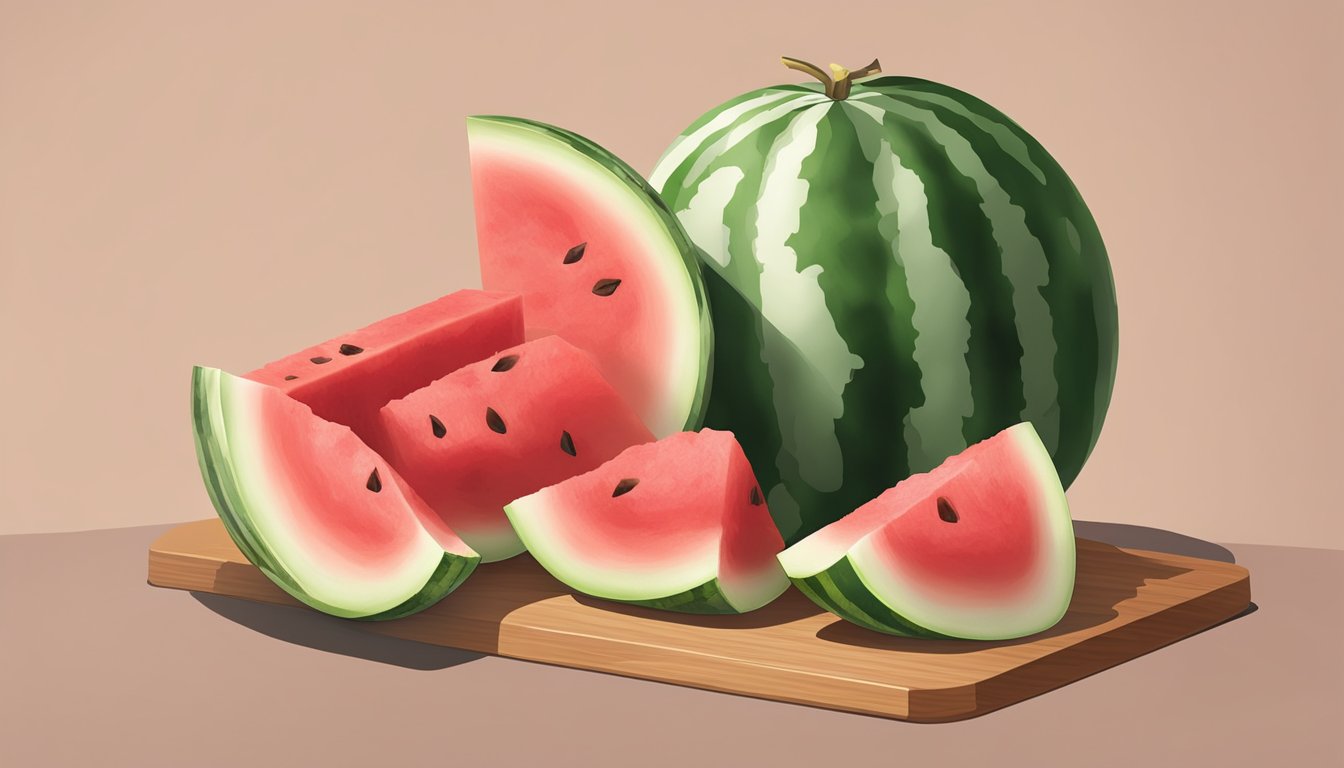 A watermelon half sits on a clean cutting board, with the rind neatly removed and the flesh cut into cubes. A clear container with a lid is nearby, ready to store the juicy fruit