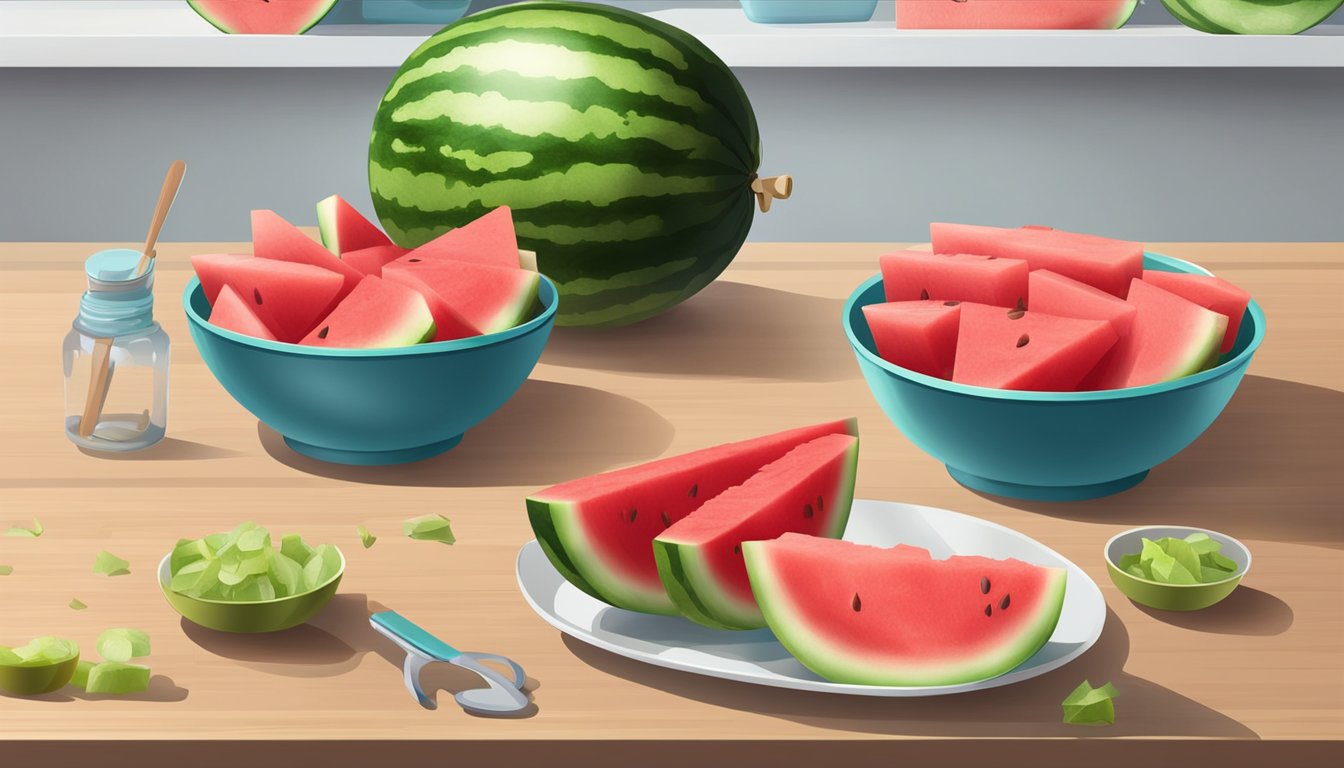 A watermelon being sliced and placed in airtight containers. A bowl of watermelon chunks in the background