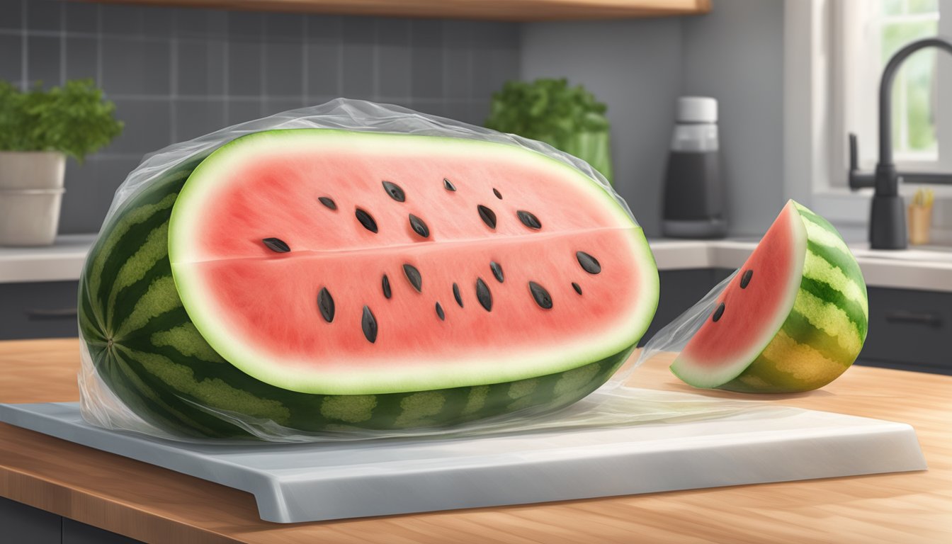 A watermelon half sits on a clean, dry cutting board, covered with plastic wrap and stored in the refrigerator. Condensation forms on the wrap, indicating freshness