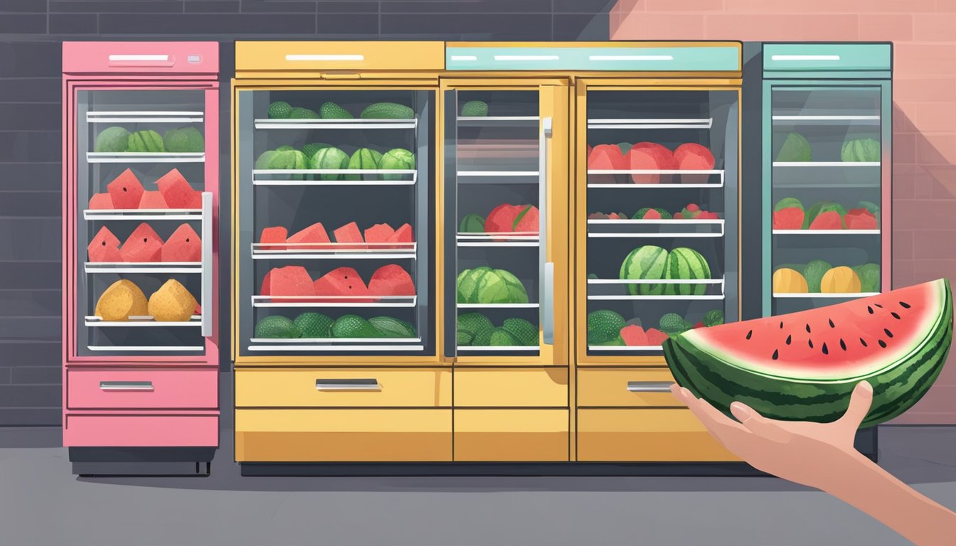 A hand reaching for a ripe watermelon in a grocery store. A refrigerator with a whole watermelon inside