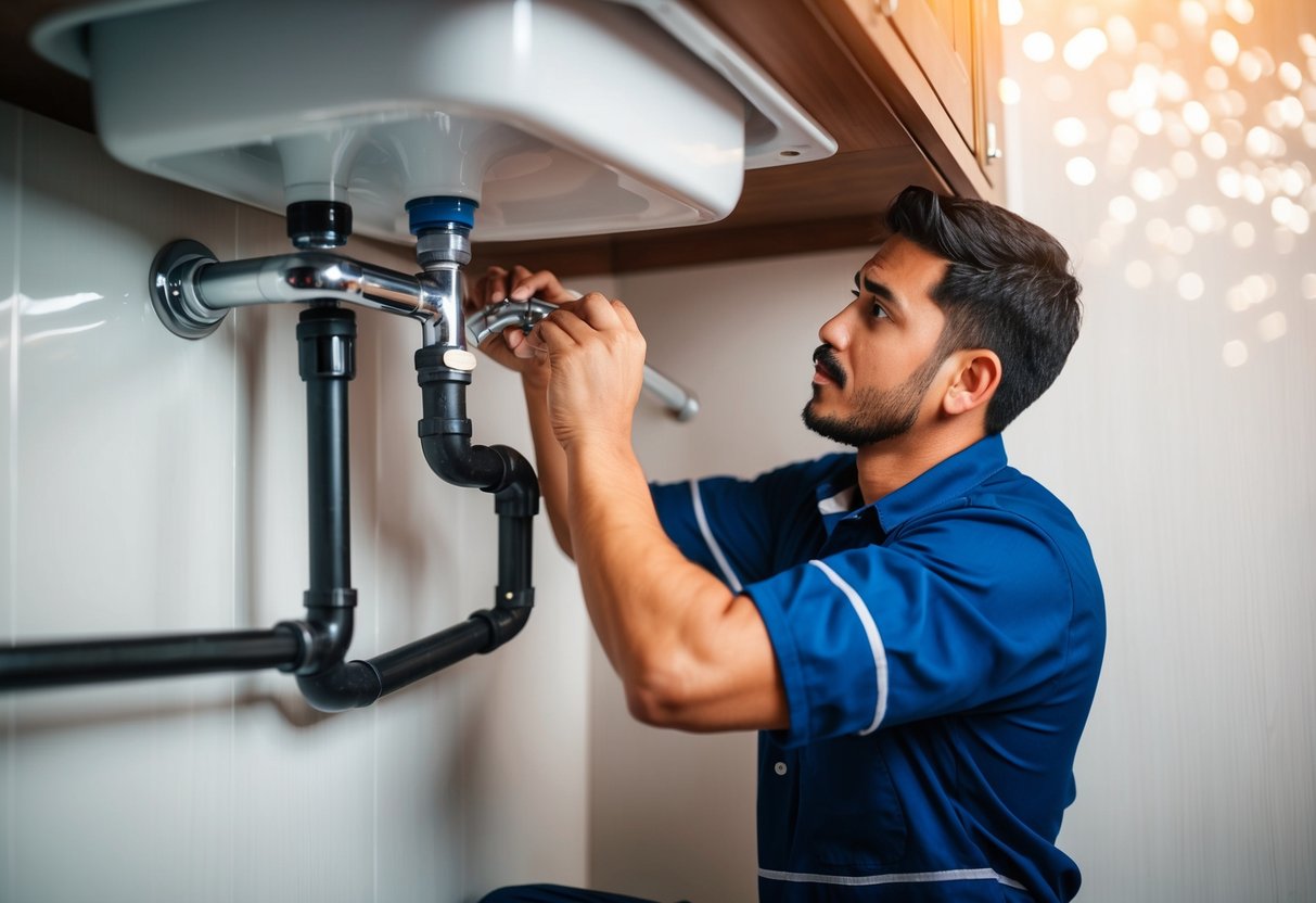 A plumber in Skudai fixing a leaky pipe under a sink