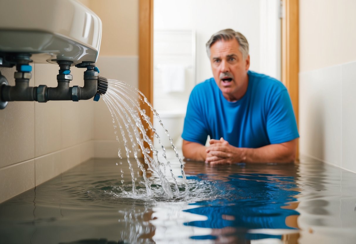 A broken pipe sprays water in a flooded bathroom, while a frustrated homeowner looks on