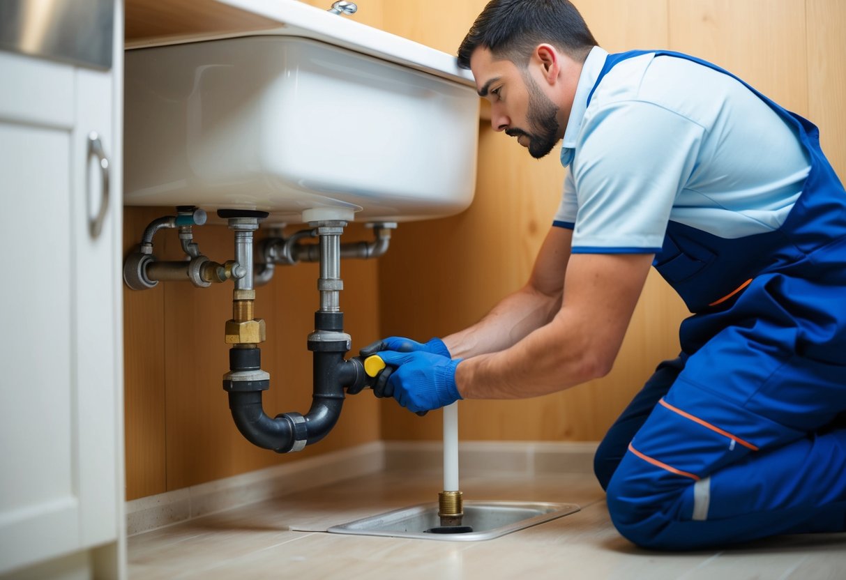 A plumber in Skudai fixing a leaky pipe under a sink