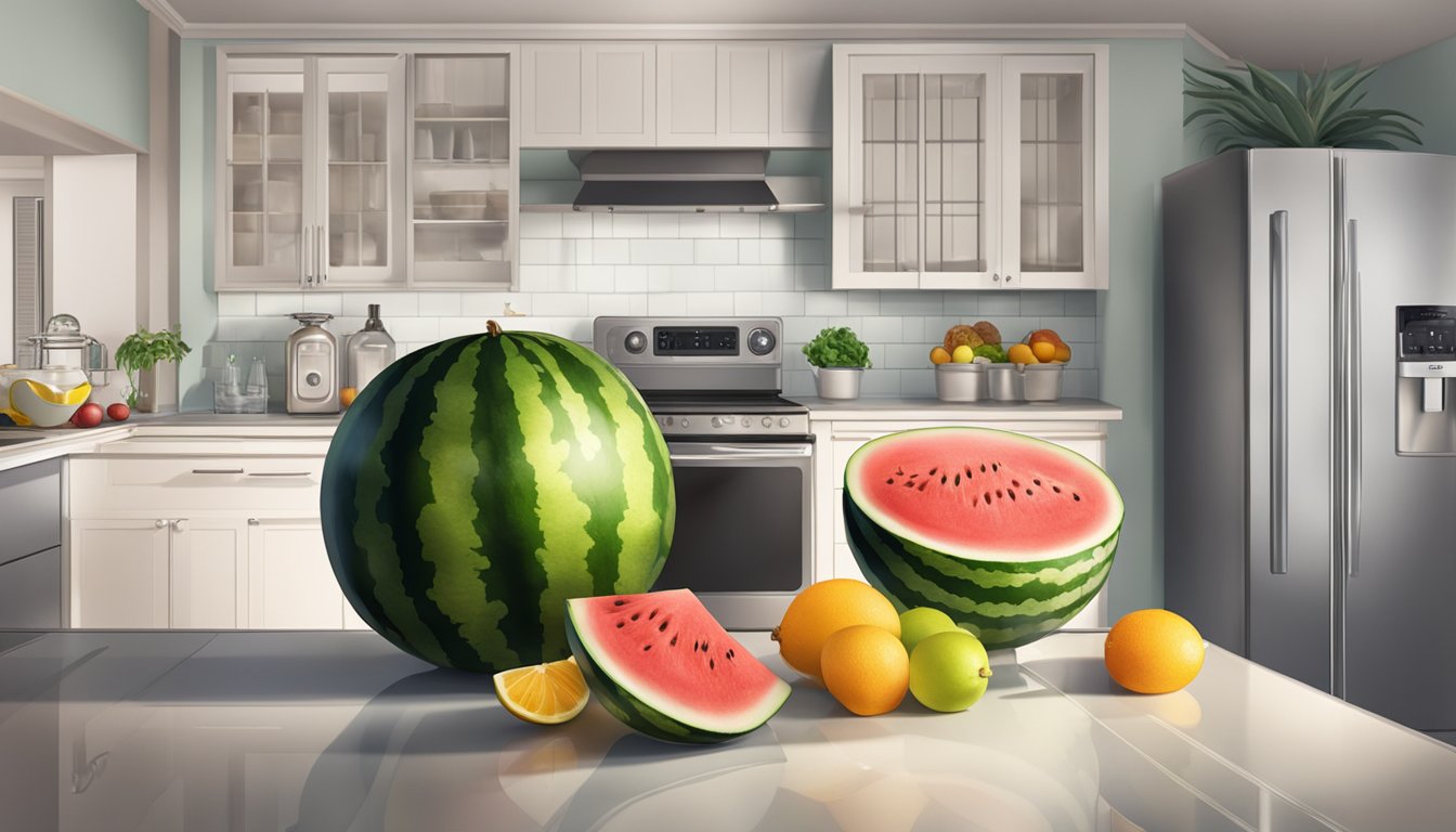 A whole watermelon sitting on a kitchen counter next to a bowl of assorted fruits, with a refrigerator in the background