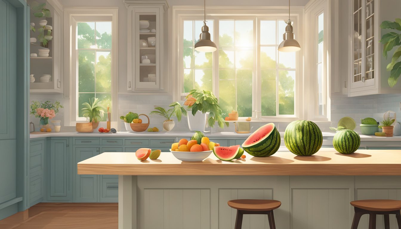 A whole watermelon sits on a kitchen counter, surrounded by a bowl of assorted fruits. The room is bright and airy, with sunlight streaming in through the window