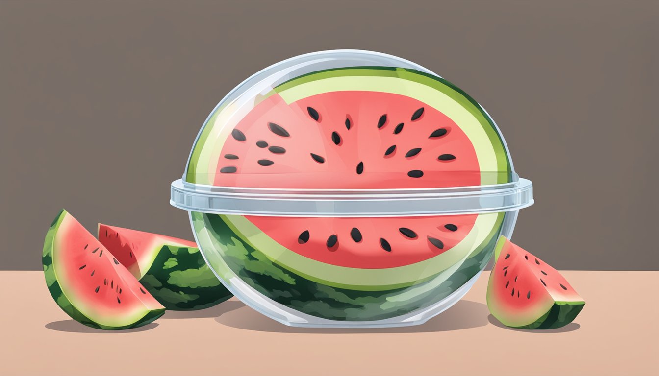 A watermelon half placed in a clear, airtight container with a secure lid