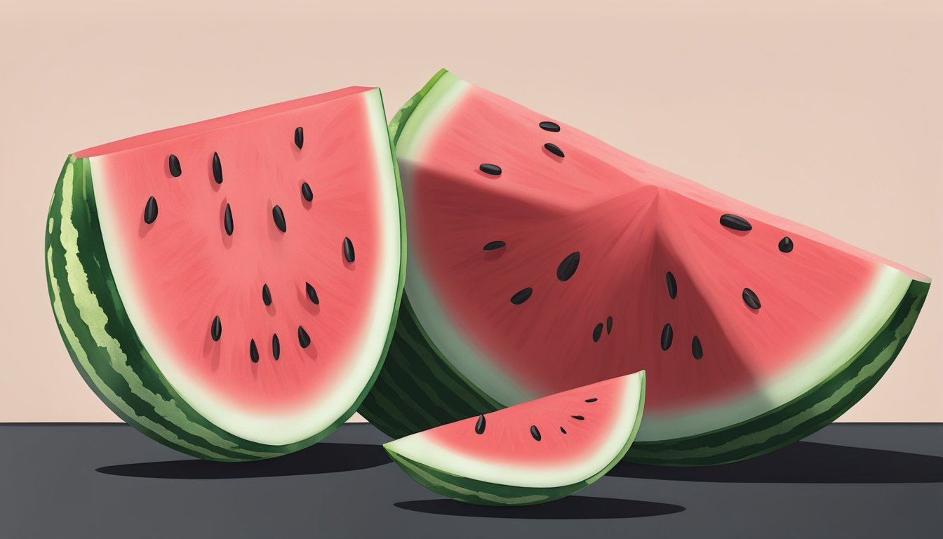 A watermelon half sits on a clean, dry surface in a cool, dark area, with no other fruits or vegetables nearby