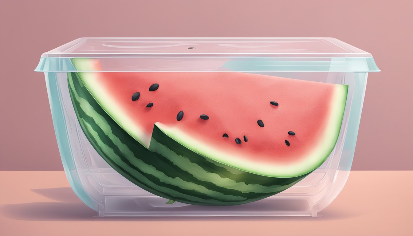 A half watermelon wrapped in plastic and placed in a freezer