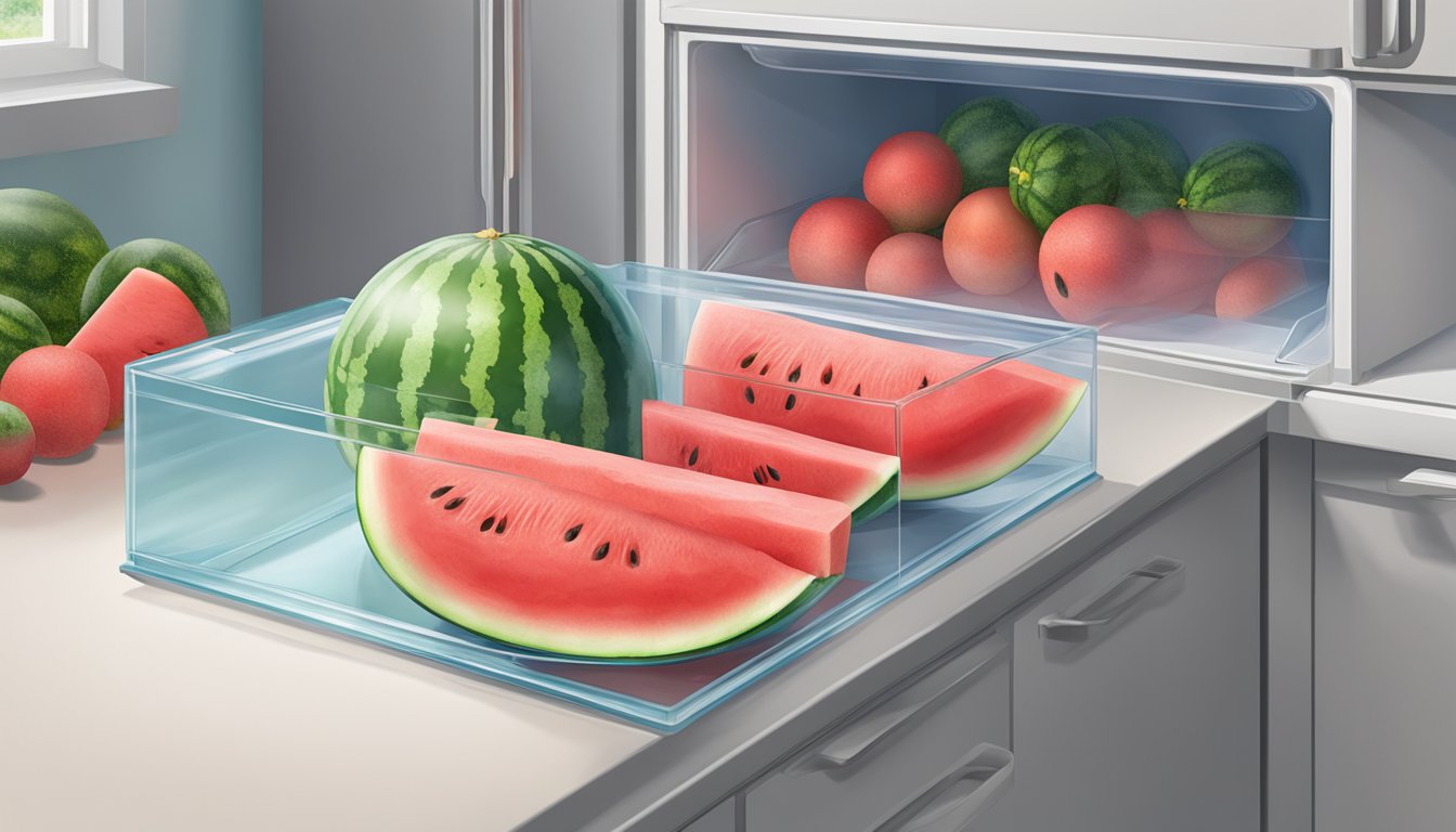 A watermelon half sits on a clean, dry surface inside a refrigerator. A plastic wrap covers the exposed flesh, ensuring freshness and flavor