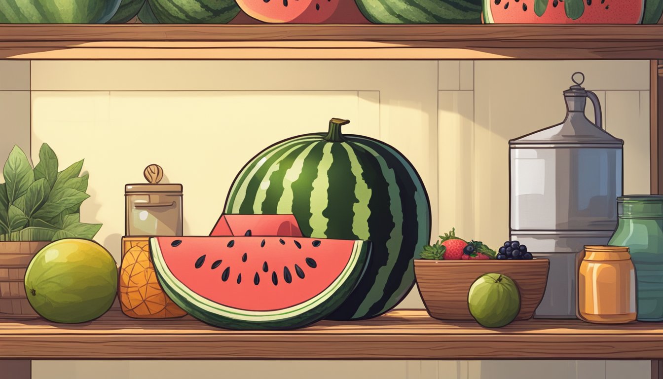 A watermelon sits on a wooden shelf in a cool, dimly lit pantry, surrounded by other fruits. The shelf is lined with a clean, dry towel, and the melon is whole, uncut, and unblemished