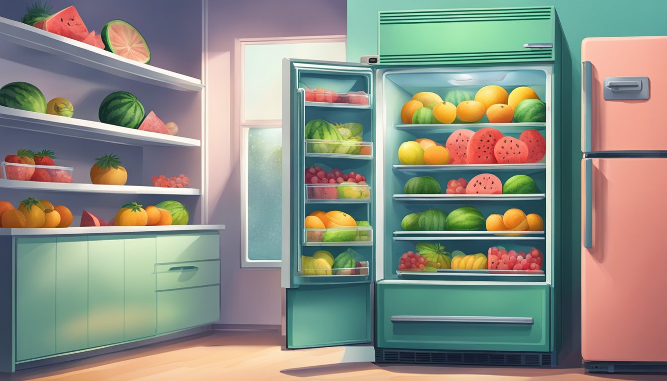 A ripe watermelon sits on a shelf in a refrigerator, surrounded by other fruits. The fridge door is slightly ajar, with a cool, well-lit interior