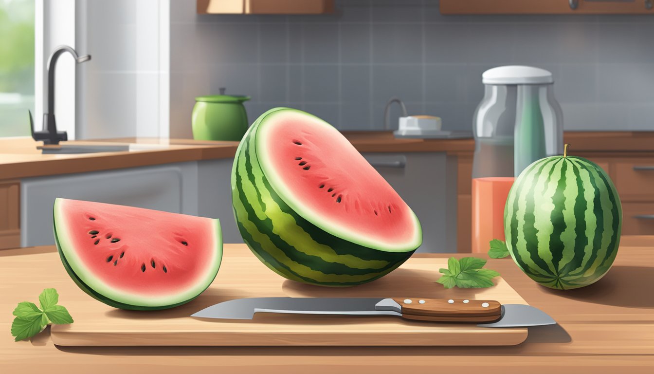 A whole watermelon is placed on a countertop next to a cutting board and knife. A refrigerator is shown in the background