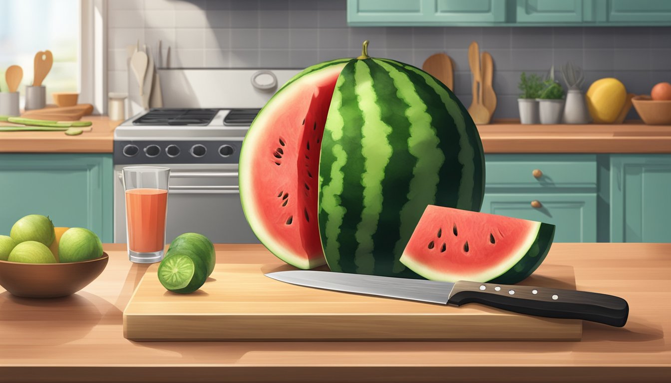 A whole watermelon sits on a kitchen counter next to a cutting board and knife, with a refrigerator in the background