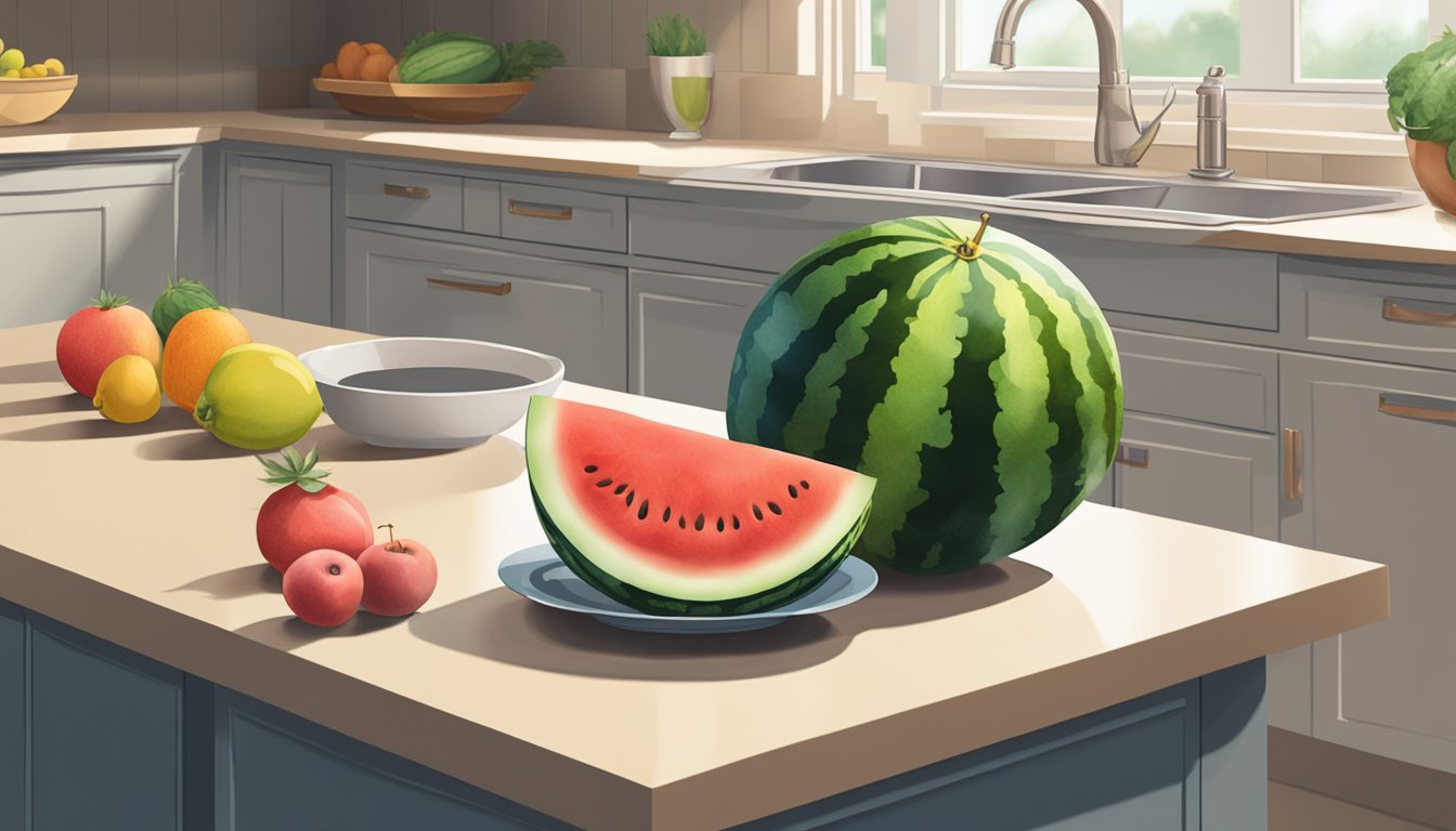 A whole watermelon sits on a kitchen counter next to a bowl of other fruits. The watermelon appears ripe and ready to eat