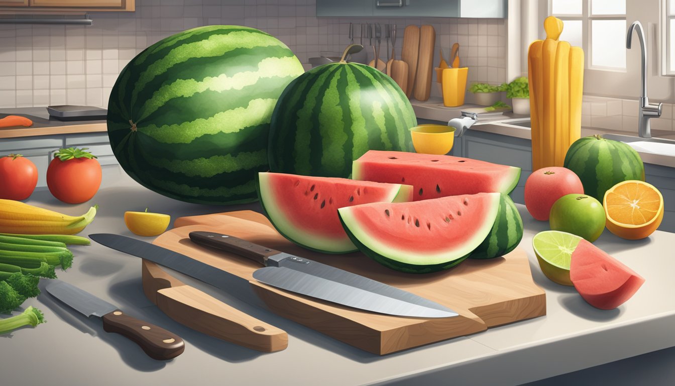 A whole uncut watermelon sits on a kitchen counter next to a cutting board and knife. The watermelon is surrounded by various fruits and vegetables in a well-organized and clean kitchen