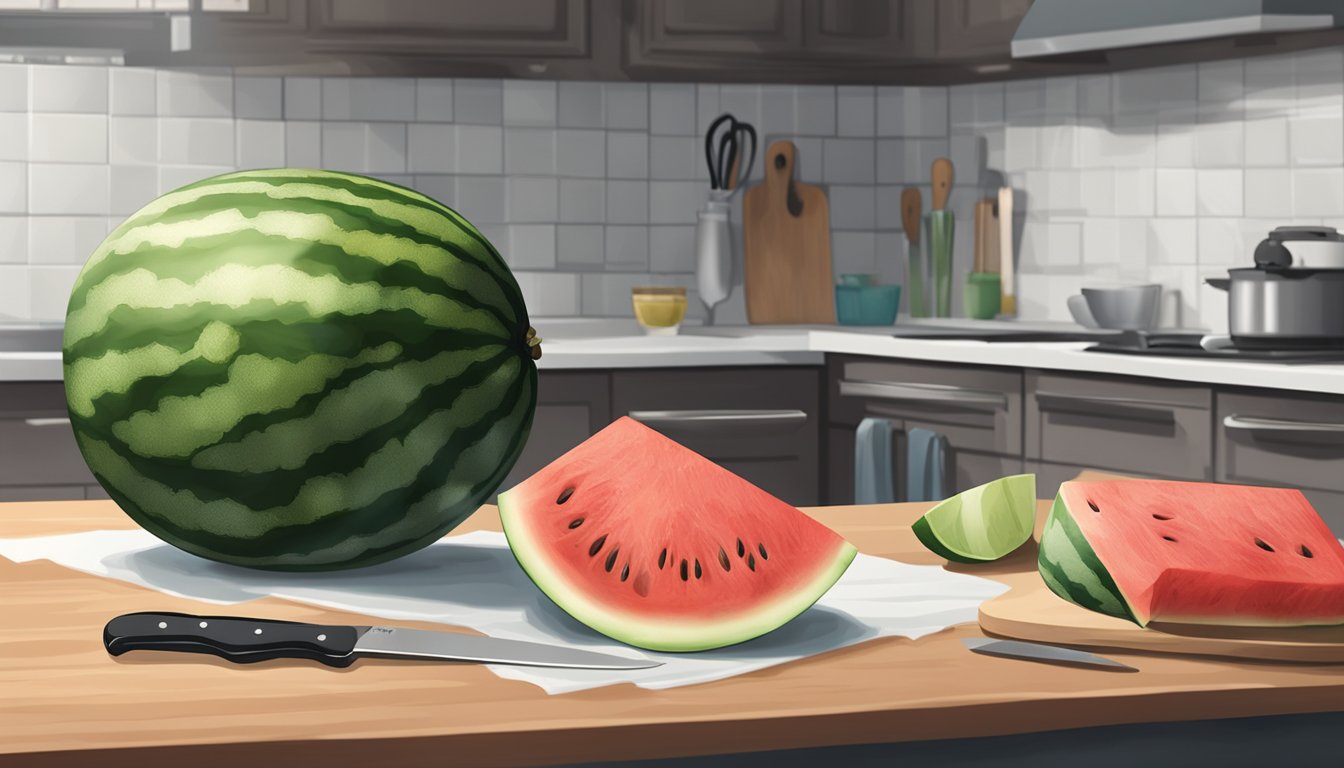 A whole watermelon sits on a kitchen counter next to a cutting board and knife. A plastic wrap covers the exposed flesh, and the fruit is stored in the refrigerator