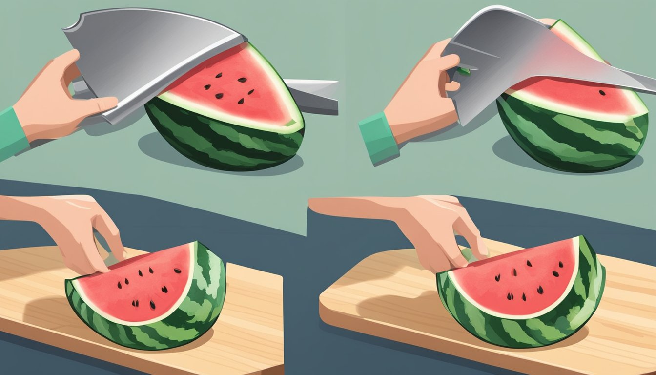 A hand holding a knife slices a watermelon in half on a cutting board, then wraps one half in plastic wrap for storage