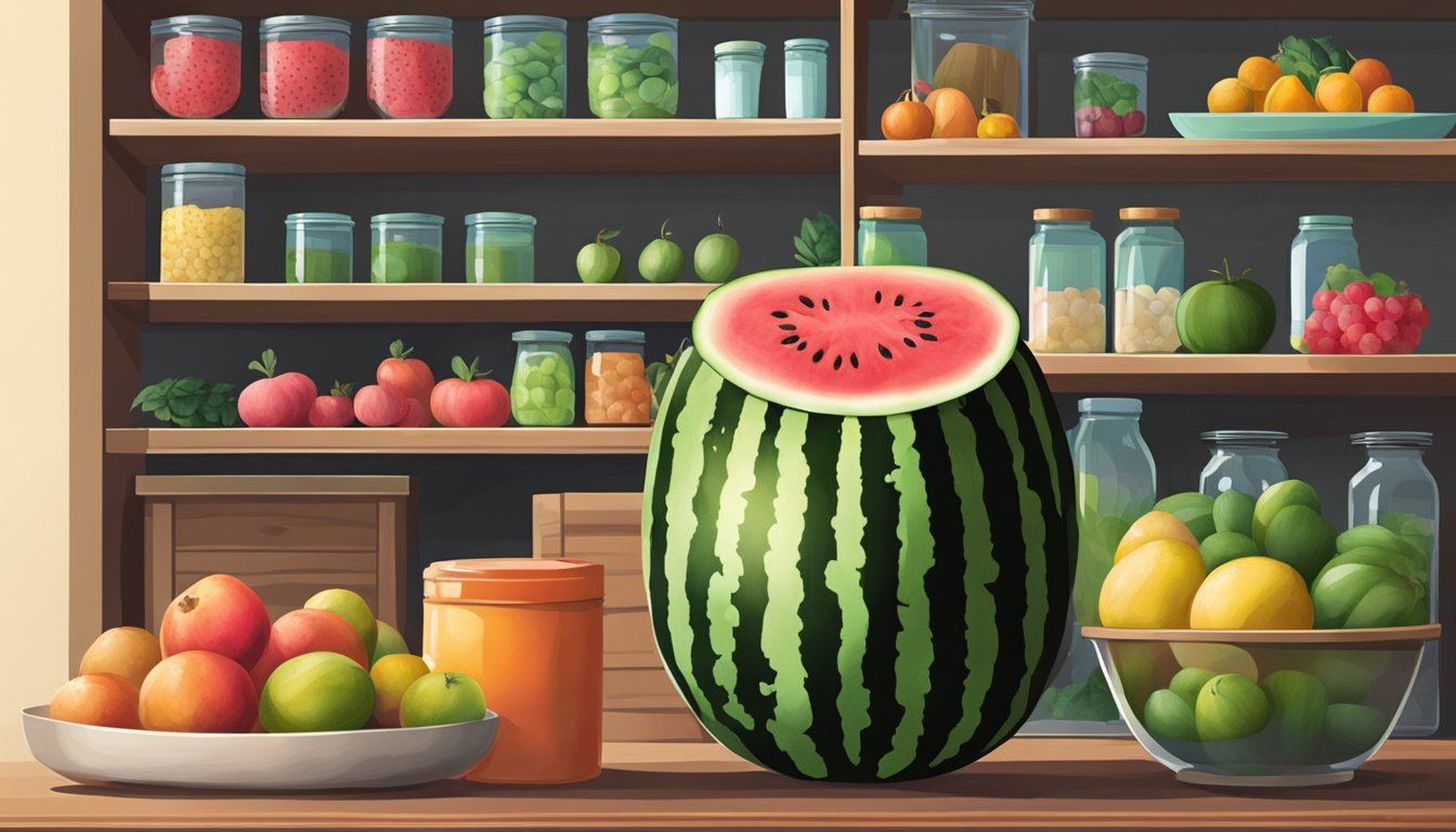 A watermelon sits on a shelf in a cool, dry pantry, alongside other whole fruits