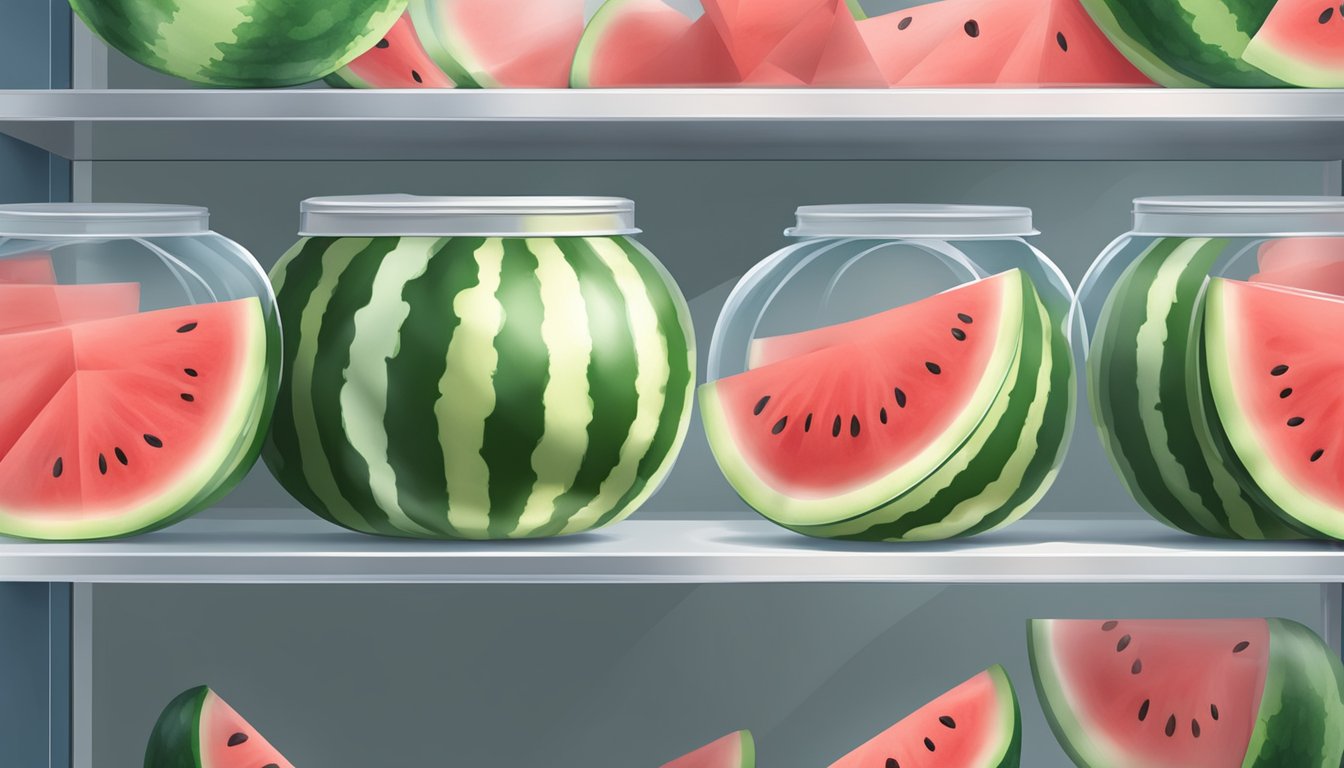 A clear plastic container with a lid, holding a half-cut watermelon on a shelf in the refrigerator