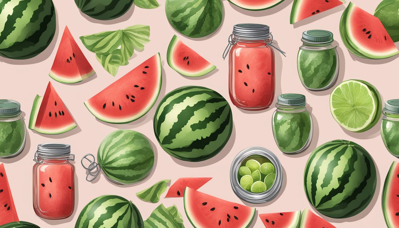 A watermelon being sliced and placed into glass jars, surrounded by canning equipment and fresh ingredients