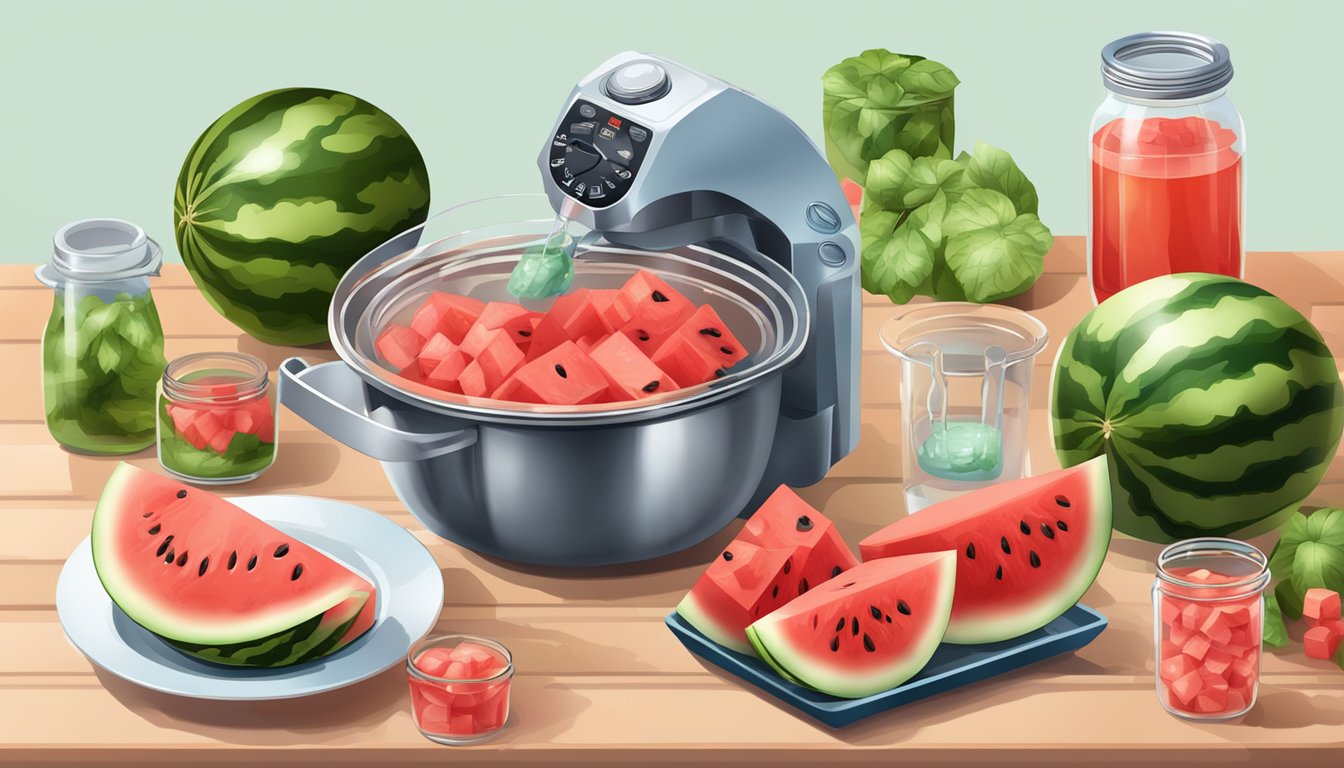 A ripe watermelon being sliced into cubes and placed into glass jars, with a boiling water bath and canning equipment nearby