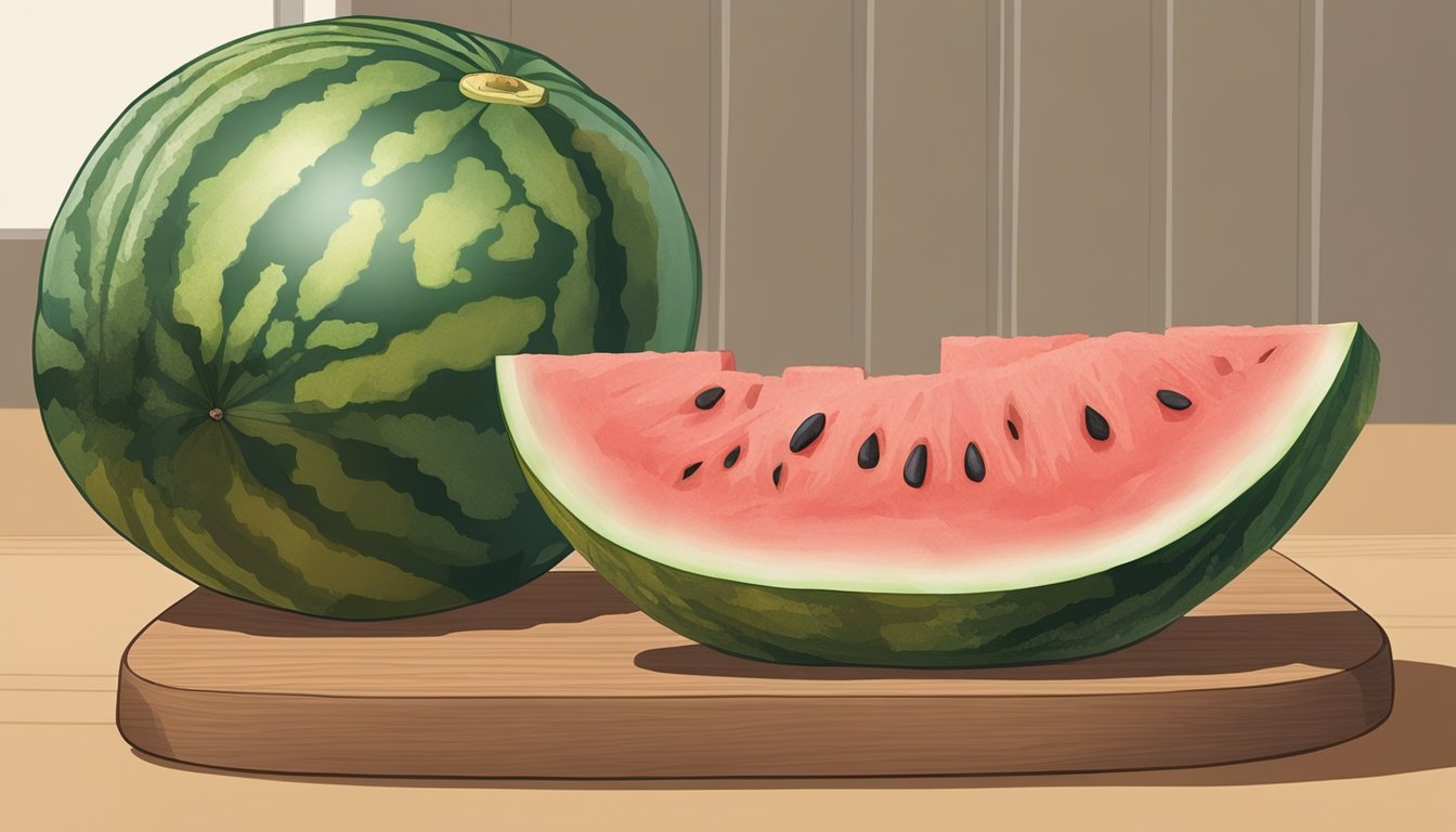 A half-cut watermelon sits on a clean, dry cutting board with visible signs of spoilage, such as mushy texture and mold growth. An airtight container is shown nearby for proper storage