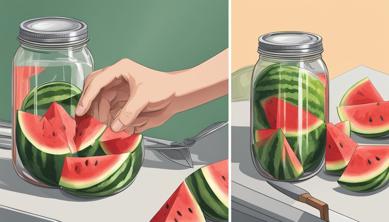 A hand reaching for a ripe watermelon, a knife slicing into it, and the fruit being placed into a canning jar with syrup