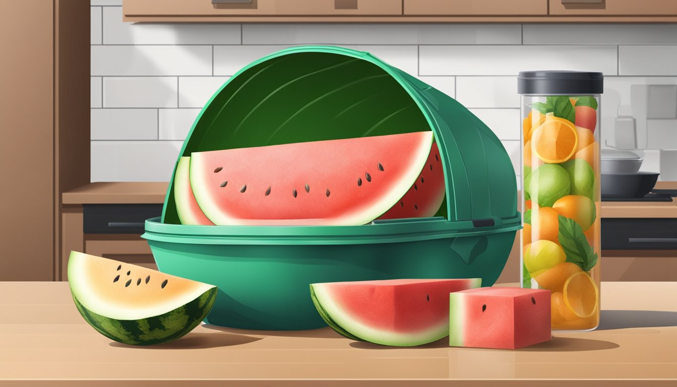 A half watermelon sits on a kitchen counter next to a plastic wrap and a storage container. The container is open, ready to receive the fruit