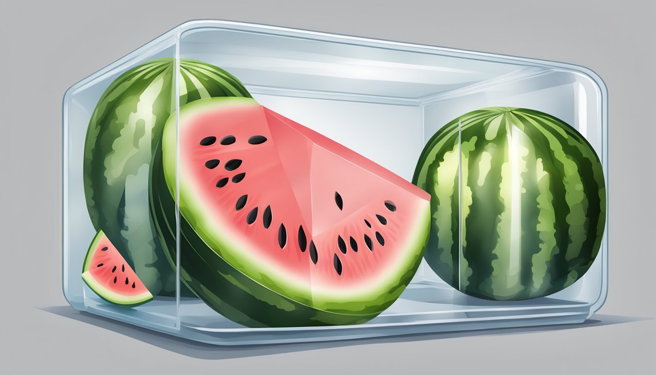 A watermelon half wrapped in plastic, placed in a sealed container, and stored in the refrigerator