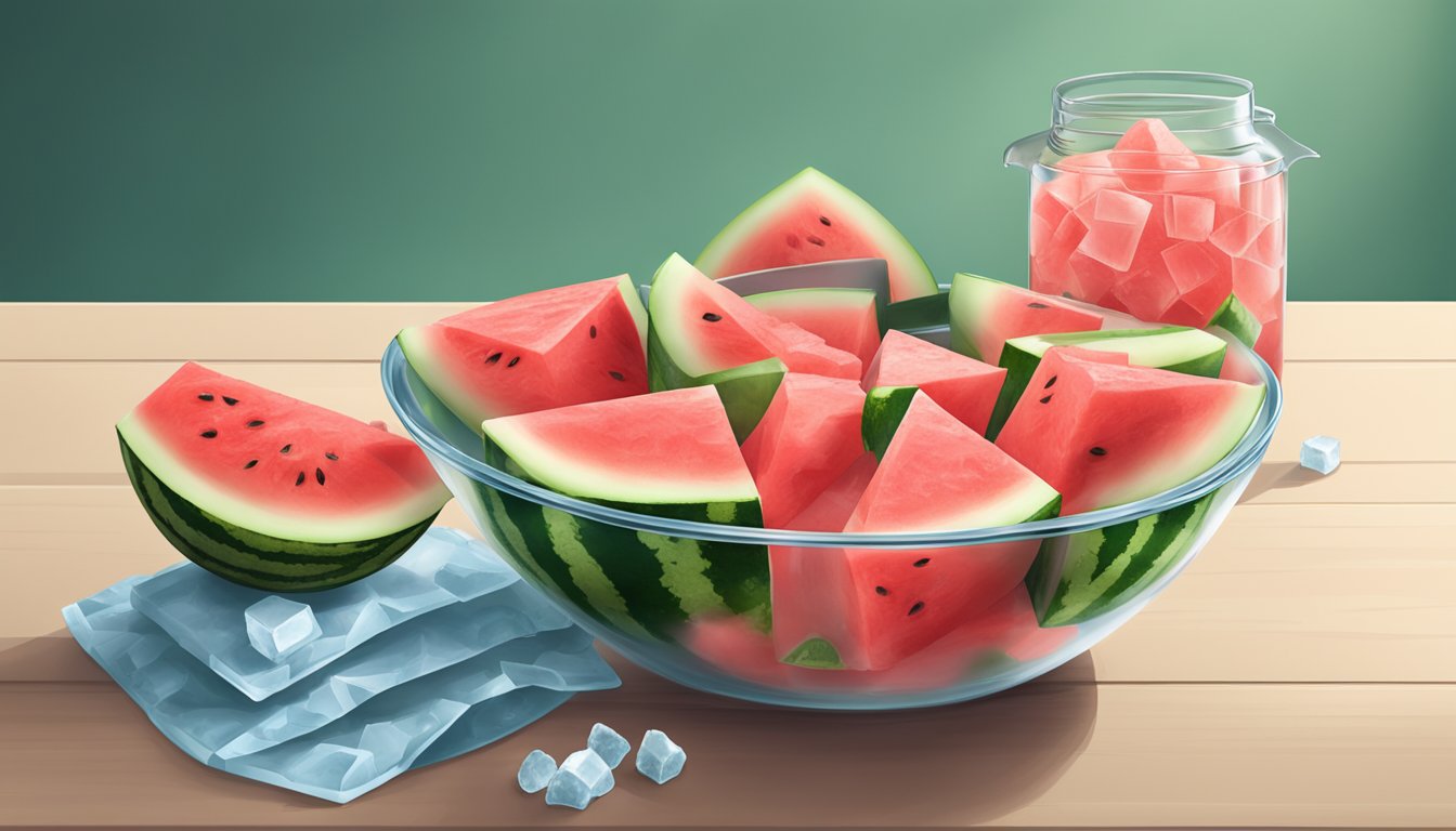 A bowl of cut watermelon sits on a table with a lid covering it, surrounded by ice packs to keep it fresh