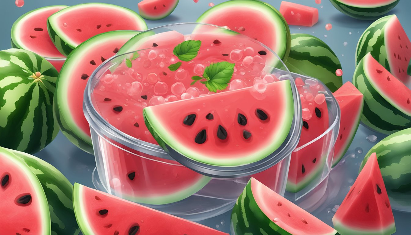 A clear glass container filled with cubed watermelon, sealed with a lid, placed in the refrigerator. A few droplets of watermelon juice on the surface