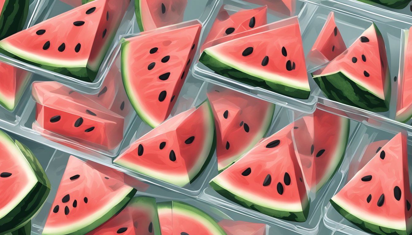 A clear plastic container with diced watermelon inside, placed in the refrigerator. A few pieces of watermelon are starting to turn brown and mushy