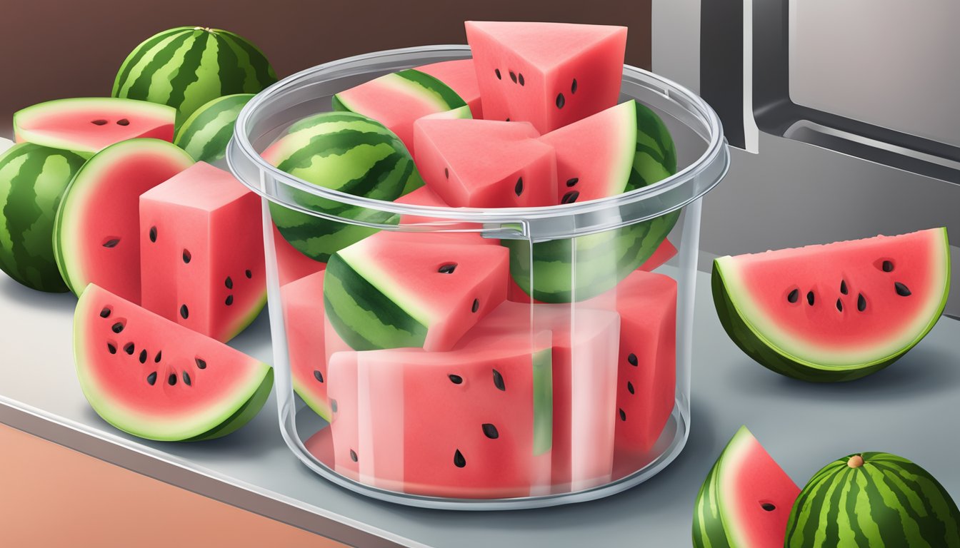 A juicy watermelon sliced into cubes, stored in a clear container in the refrigerator. A nutrition label is shown next to it