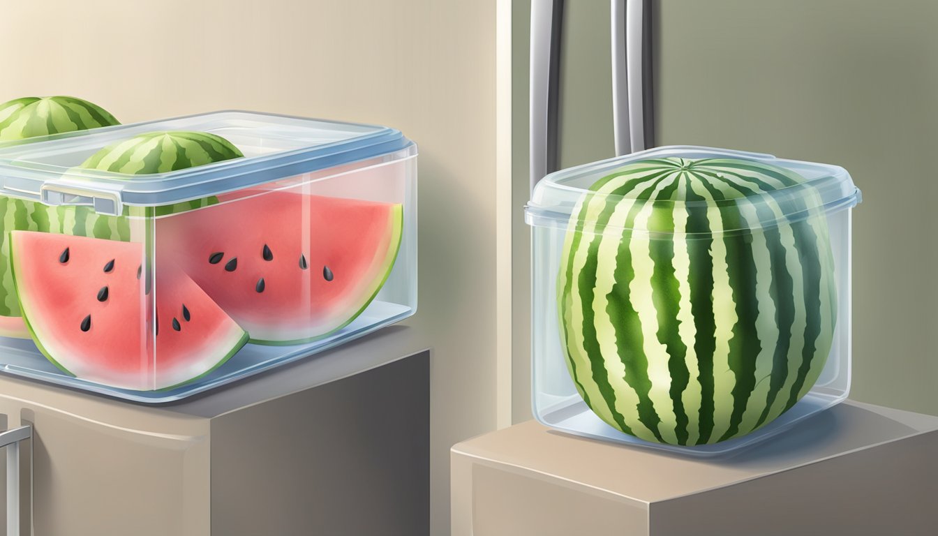 Airtight container with cut watermelon, placed in the refrigerator