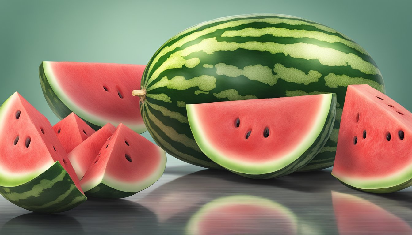 A sliced watermelon with vibrant red flesh next to a moldy, discolored watermelon slice