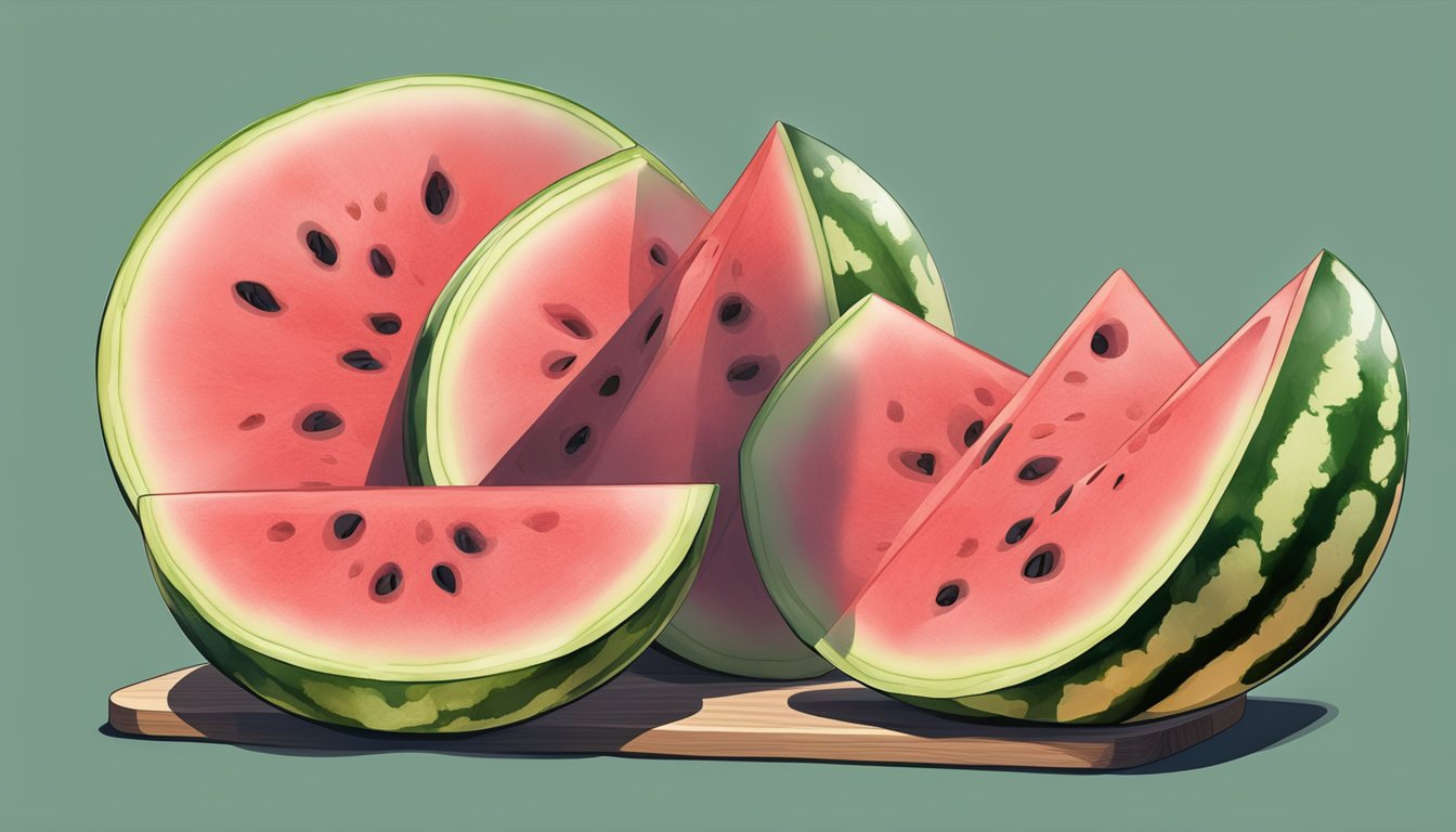 A sliced watermelon on a cutting board with visible signs of mold and discoloration