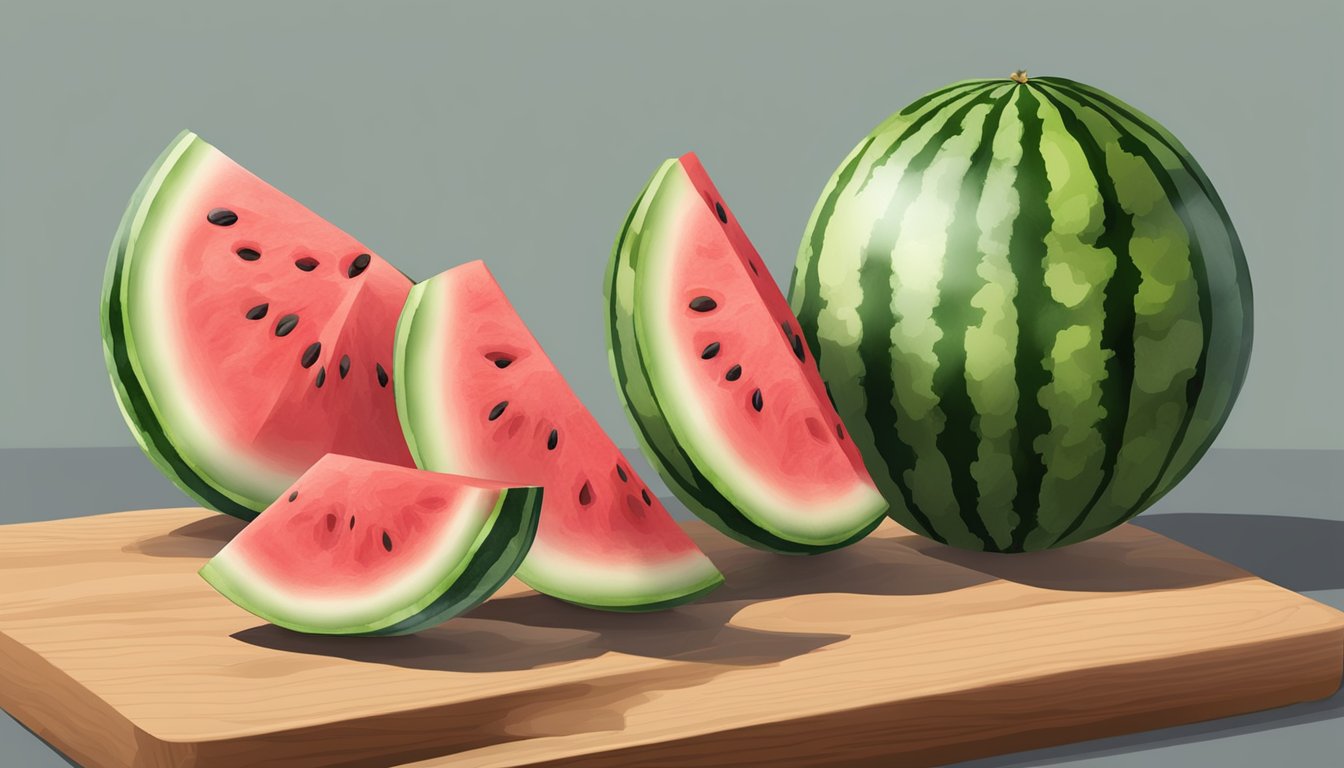 A sliced watermelon on a cutting board with visible signs of spoilage, such as mushy texture, off-putting odor, and discolored flesh