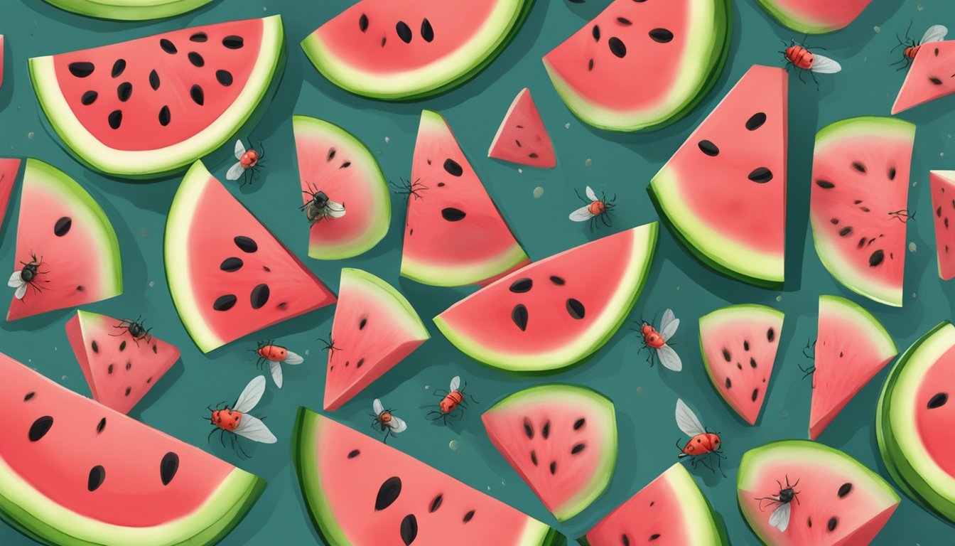 A sliced watermelon with a strong, unpleasant odor, surrounded by flies