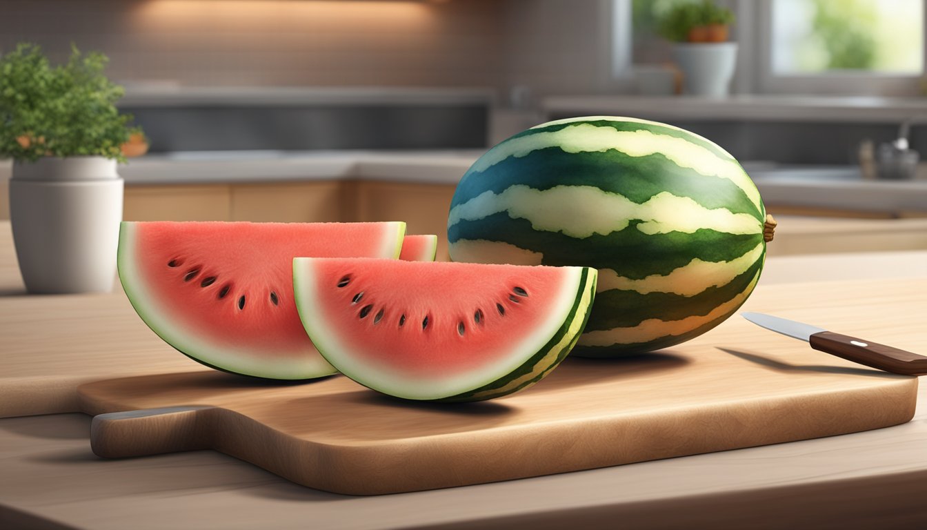 A cut watermelon sits on a clean, dry cutting board. Mold and discoloration are visible on the flesh, indicating spoilage