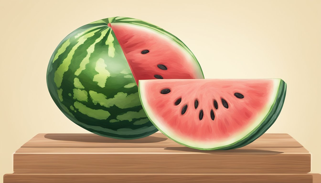 A sliced watermelon with visible signs of spoilage, such as mold or discoloration, placed on a clean cutting board