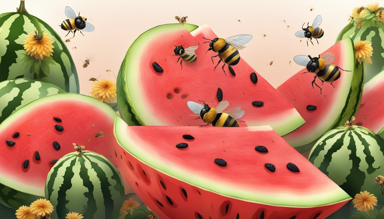 A sliced watermelon with vibrant red flesh, surrounded by bees and flies. A moldy, mushy section is visible on one of the slices