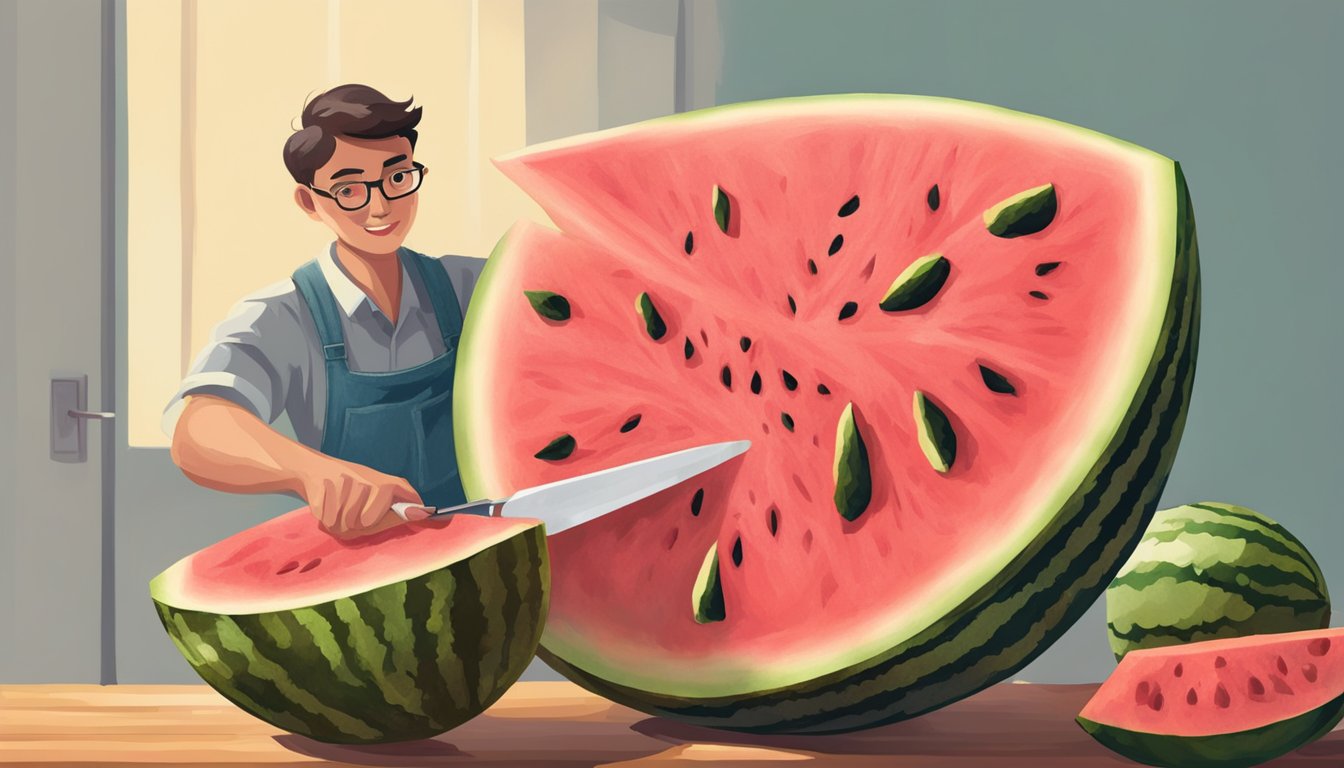 A person cutting open a watermelon to reveal overripe, mushy flesh with a foul odor