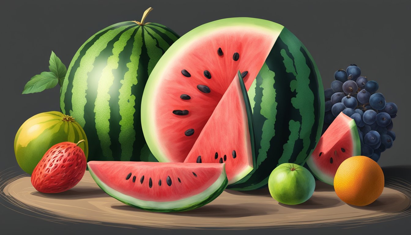 A watermelon sits on a clean, dry surface, surrounded by other fruits. It is stored in a cool, dark place, away from direct sunlight and heat sources