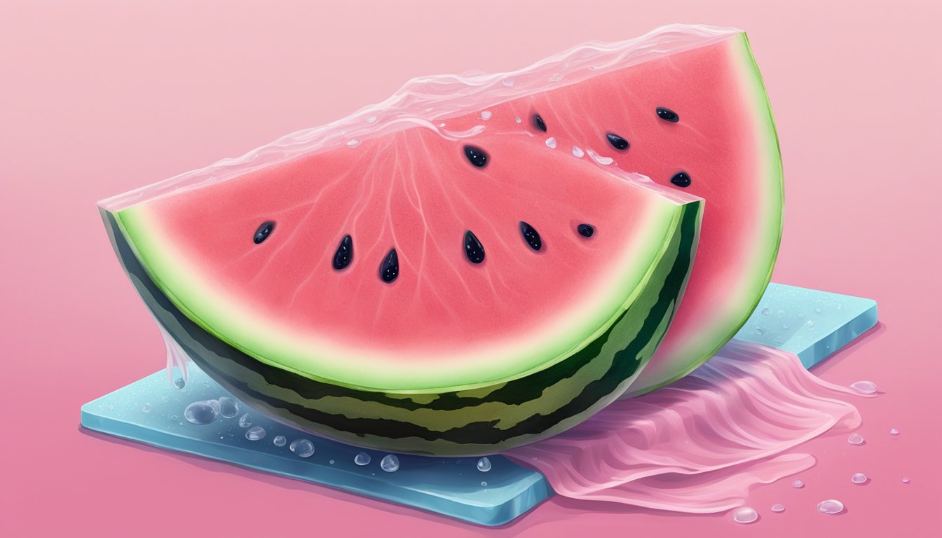 A half watermelon sits on a clean, dry cutting board, covered with plastic wrap and placed in the refrigerator. A few droplets of condensation glisten on the bright pink flesh