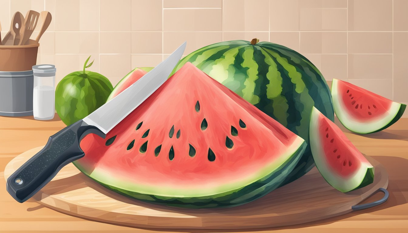 A cutting board with a half watermelon, a sharp knife, and a plastic wrap on a kitchen counter