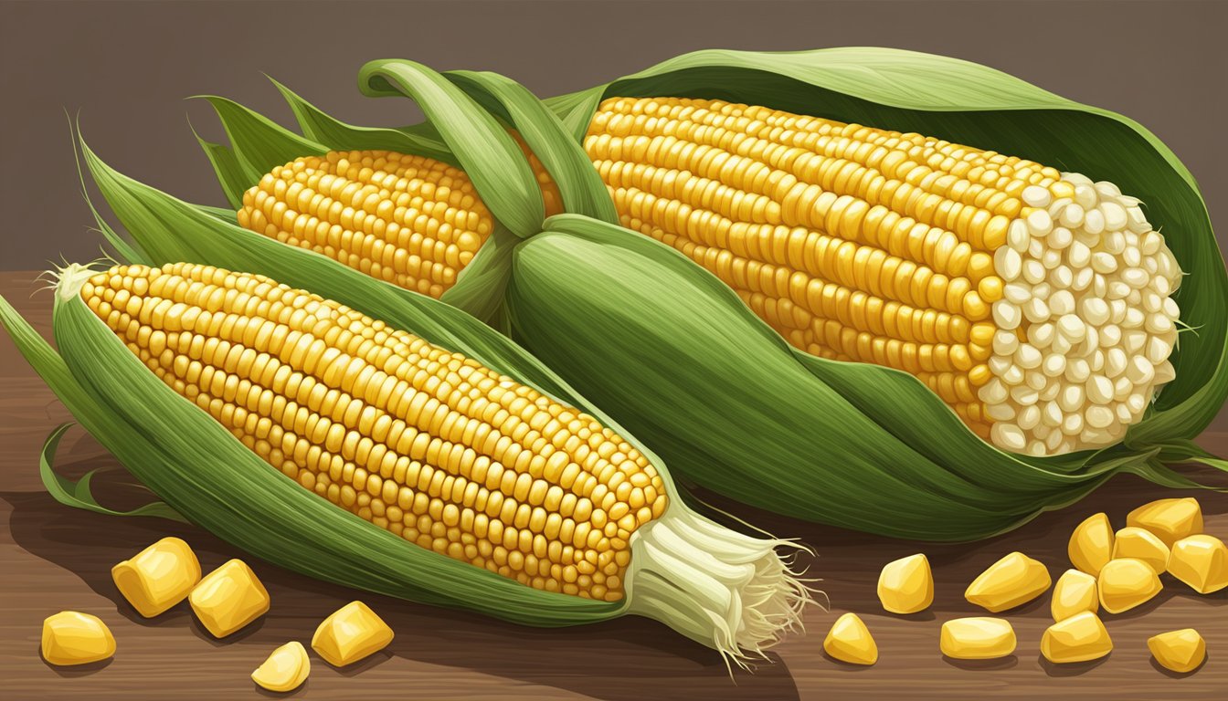 A fresh ear of corn on the cob sits next to a pile of corn kernels, showcasing the difference in size and texture between the two products